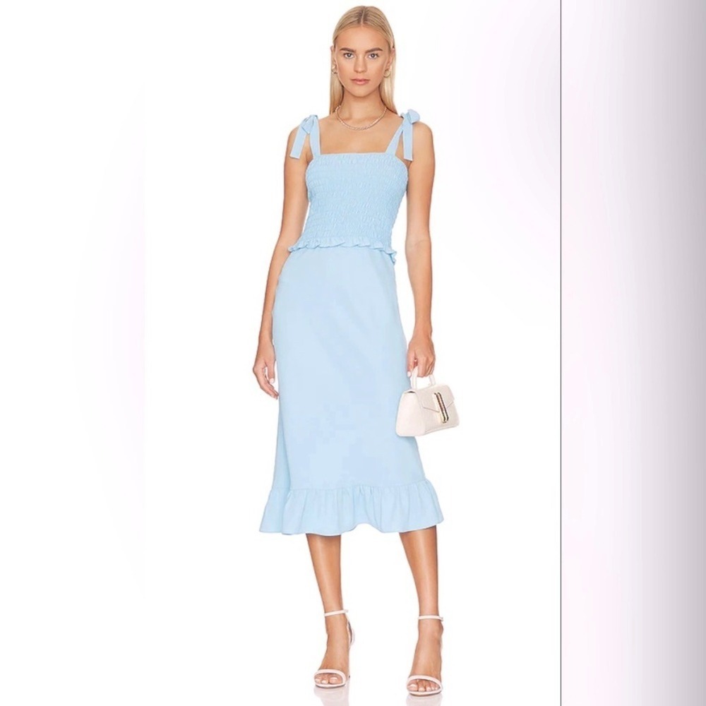 Amanda Uprichard Gaia Dress in Pacific Blue Smocked Midi Tie Shoulder Ruffle Hem